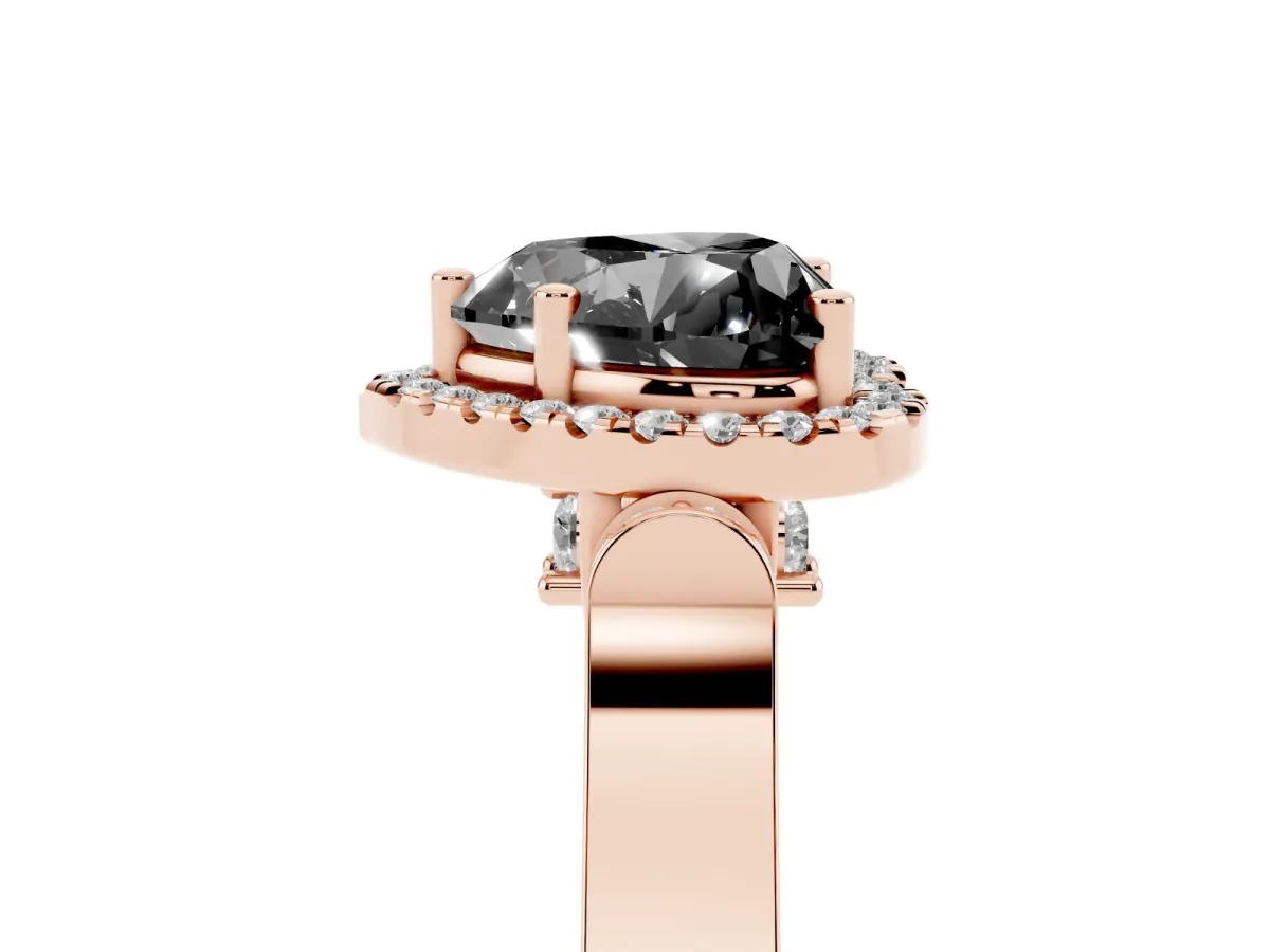 Fancy Black Heart Cut Halo Round Diamond Twist Band with Four-Prong Setting Rose gold