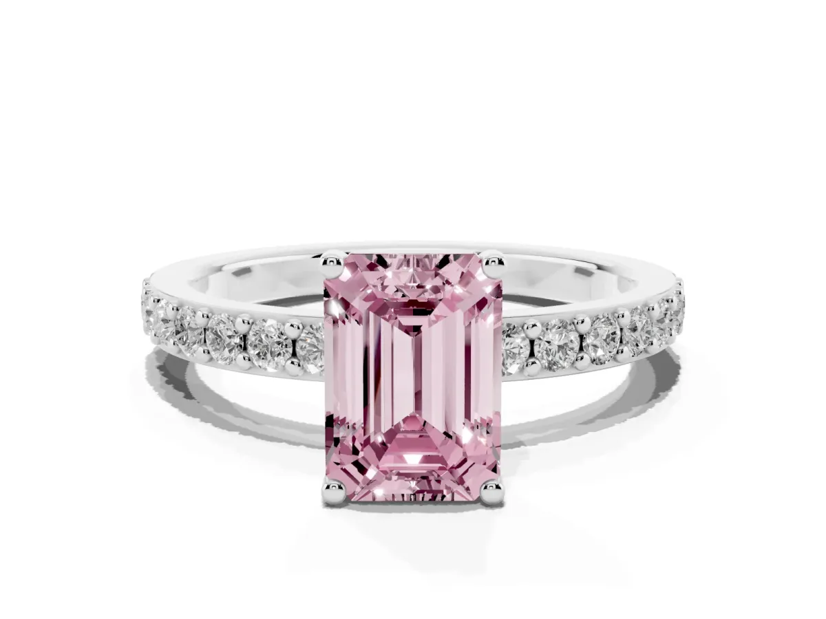 Fancy Pink Emerald Cut Cut Diamond Solitaire with Pave Band and Four-Prong Setting Silver