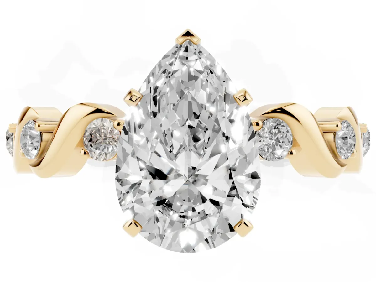 Pear Cut Diamond Solitaire Twisted Band with Round Accents and Prong Setting Yellow gold