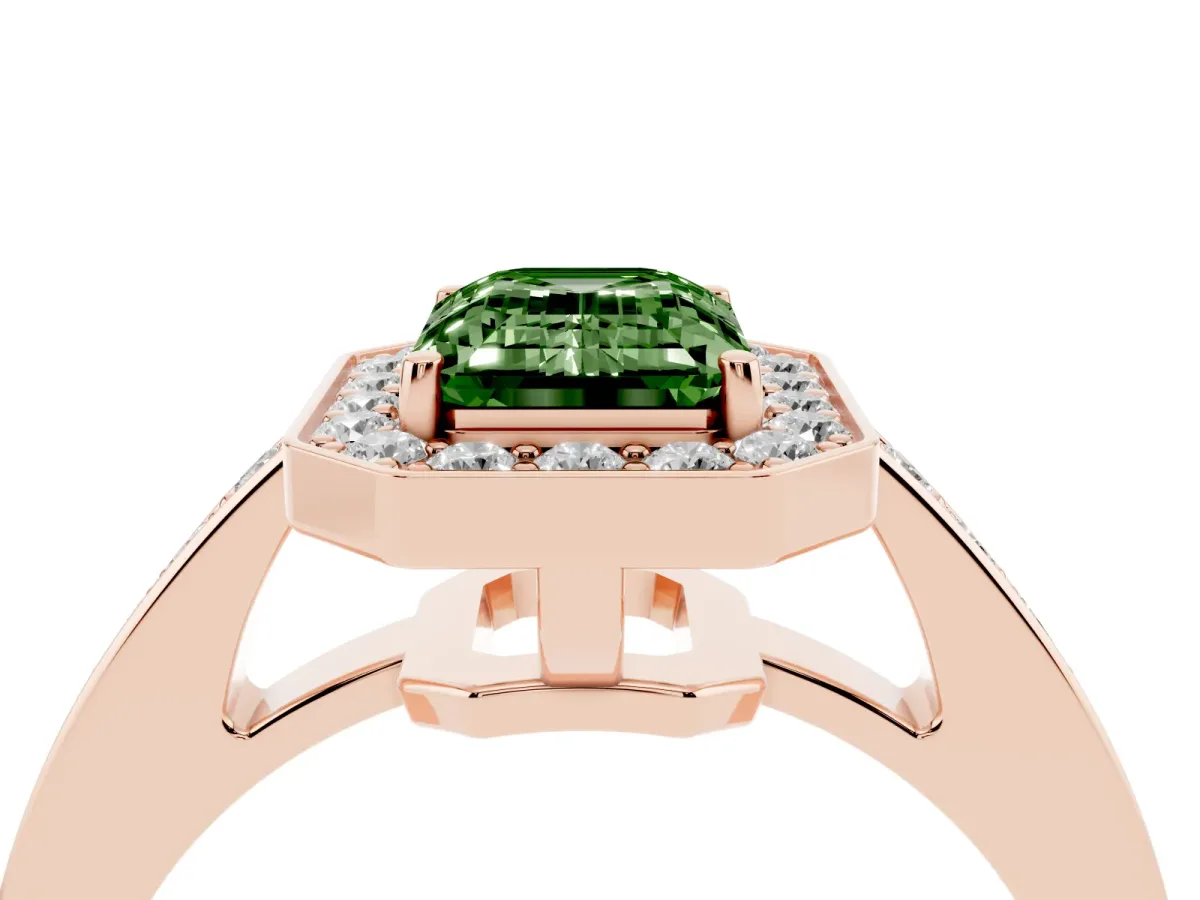Fancy Green Emerald Cut Halo Pavé Diamond Engagement Ring with Bezel Setting Rose gold