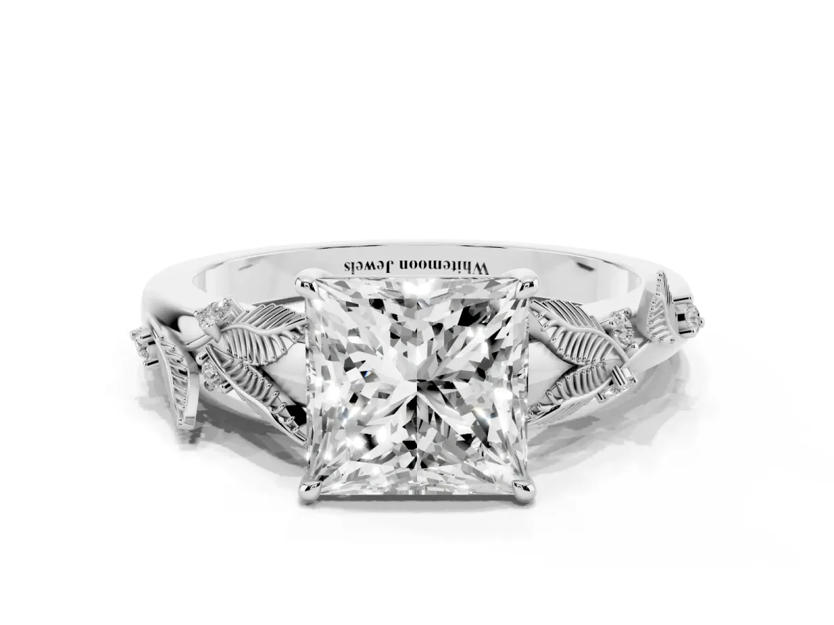 Princess Cut Diamond Solitaire Ring with Leaf Motif Band and Four-Prong Setting Silver