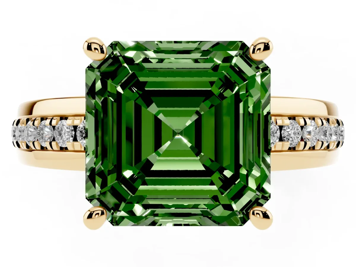 Fancy Green Asscher Cut Solitaire Diamond Ring with Channel Set Band and Six-Prong Setting Yellow gold