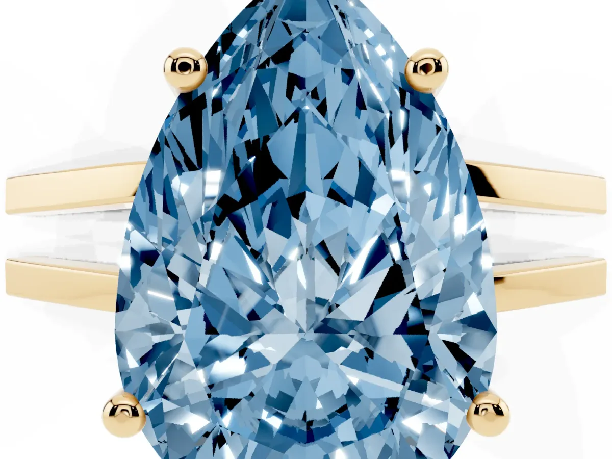 Fancy Blue Pear Cut Cut Diamond Solitaire Engagement Ring with Tapered Plain Band and Four-Prong Setting Yellow gold