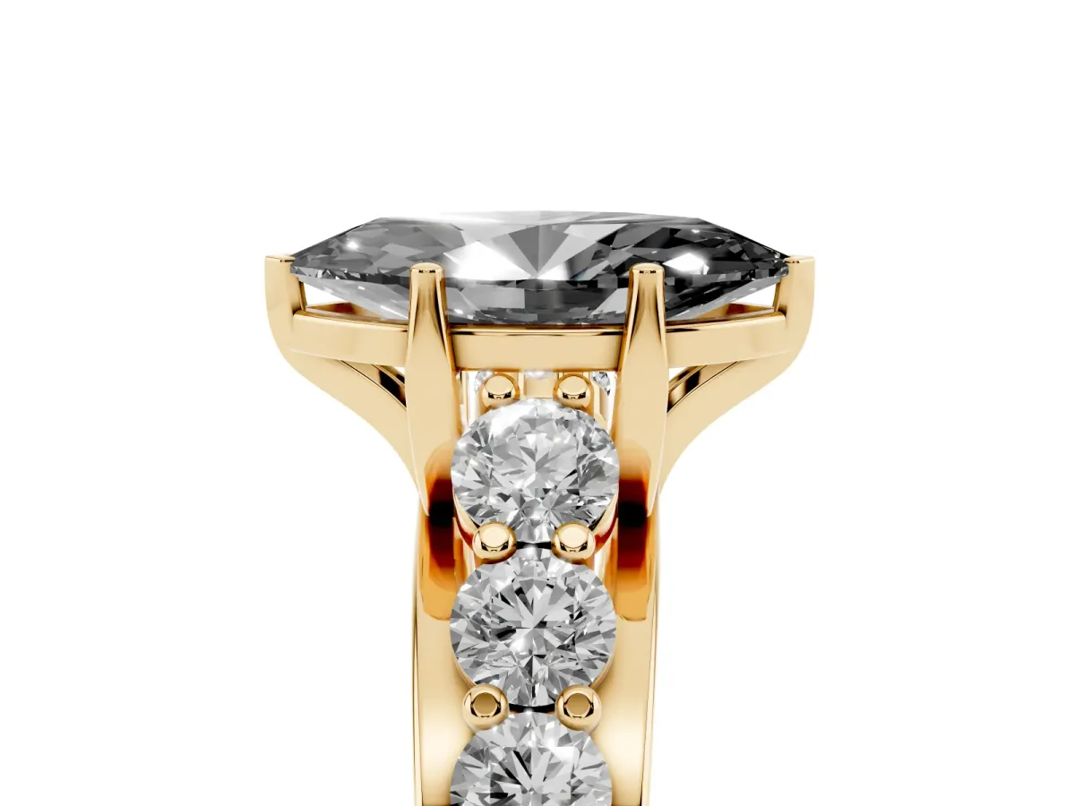 Fancy Black Marquise Cut Diamond Engagement Ring with Pavé Band and Four-Prong Setting Yellow gold