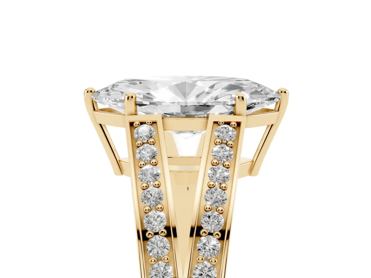 Marquise Cut Diamond Split Shank Ring with Pavé Band and Four-Prong Setting Yellow gold