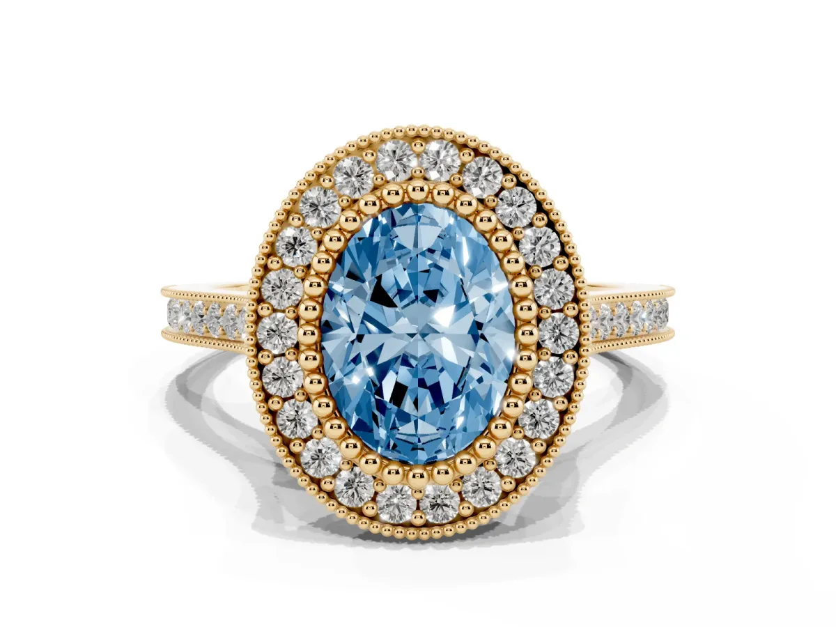 Fancy Blue Oval Cut Diamond Halo Ring with Milgrain Frame and Pavé Band Yellow gold