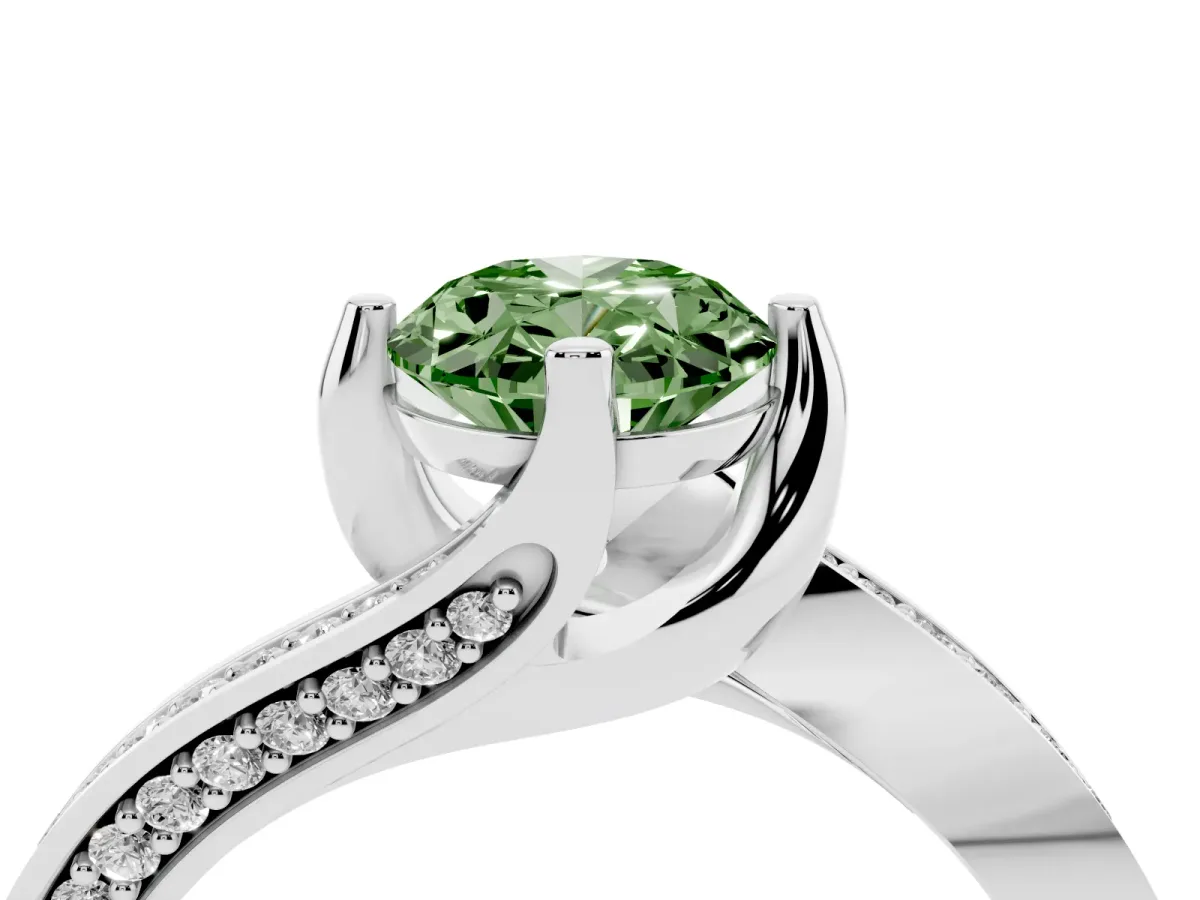 Fancy Green Oval Cut Solitaire Diamond Twist Band with Pavé Setting and Four-Prong Setting Silver