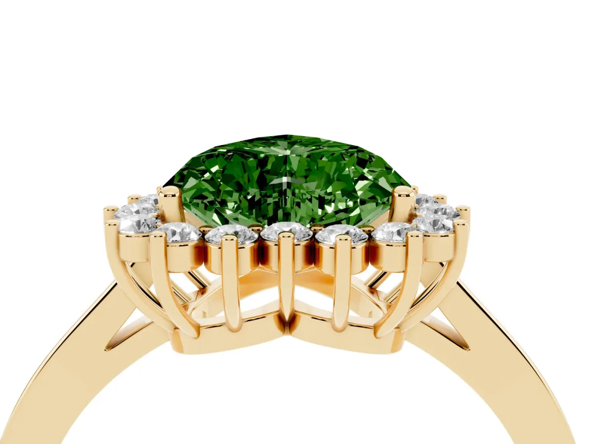 Fancy Green Heart Cut Cut Diamond Halo Ring with Round Brilliant Halo and Solitaire Band Yellow gold