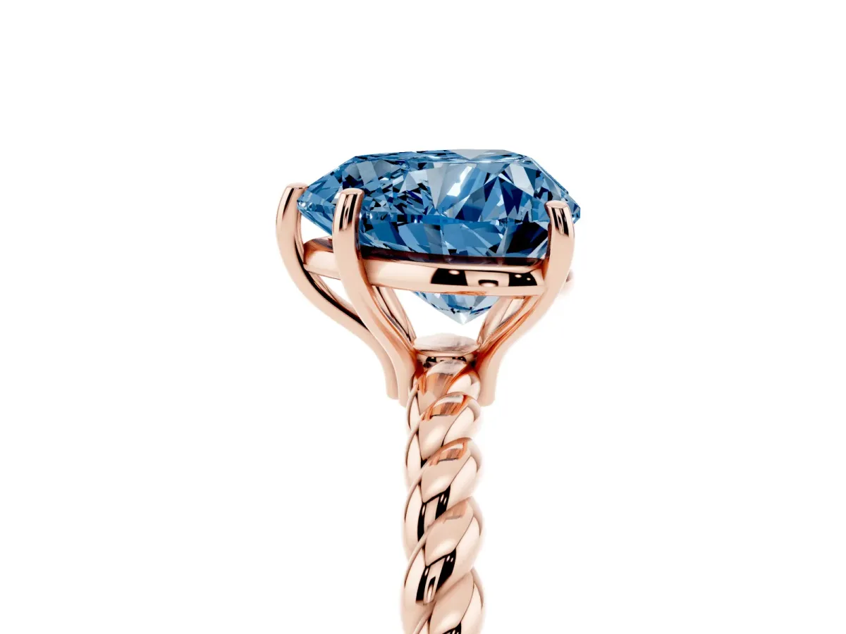 Fancy Blue Heart Cut Solitaire Twist Band Ring with Four-Prong Setting Rose gold