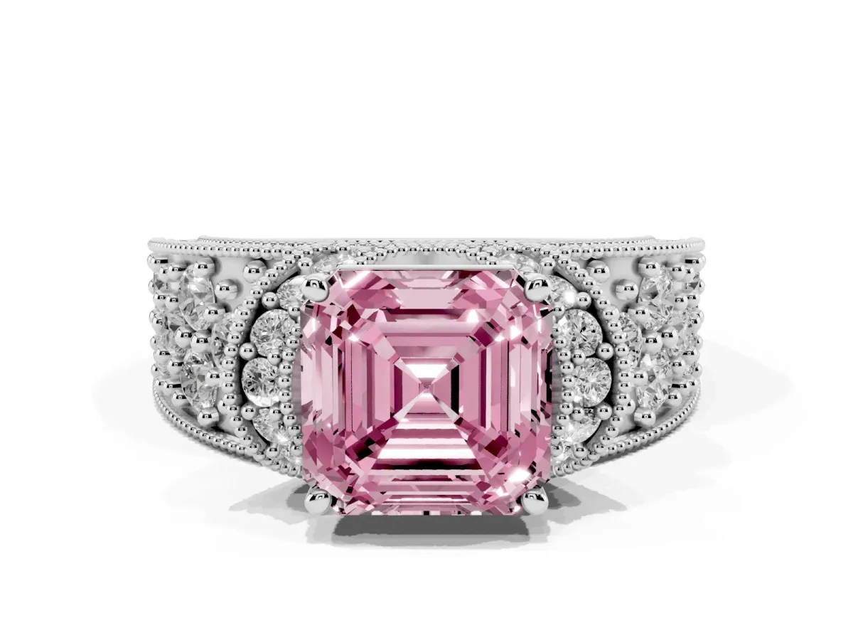 Fancy Pink Asscher Cut Halo Pave Diamond Engagement Ring with Milgrain Detailing Silver