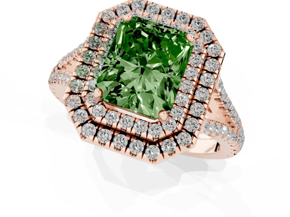 Fancy Green Radiant Cut Diamond Double Halo Ring with Pavé Band and Prong Setting Rose gold