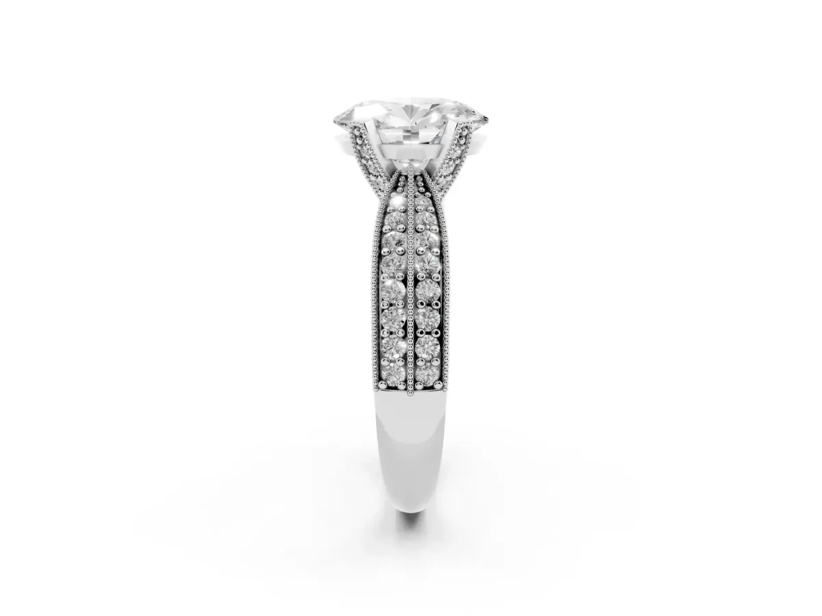 Oval Cut Diamond Solitaire Ring with Milgrain Round Pavé Band and Prong Setting Platinum