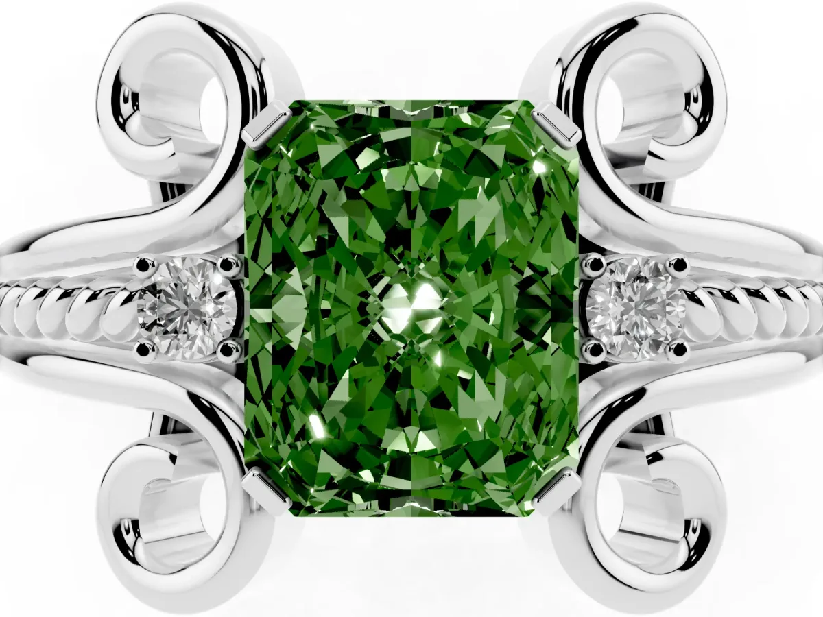 Fancy Green Radiant Cut Solitaire Twisted Band Scroll Prong Ring Silver
