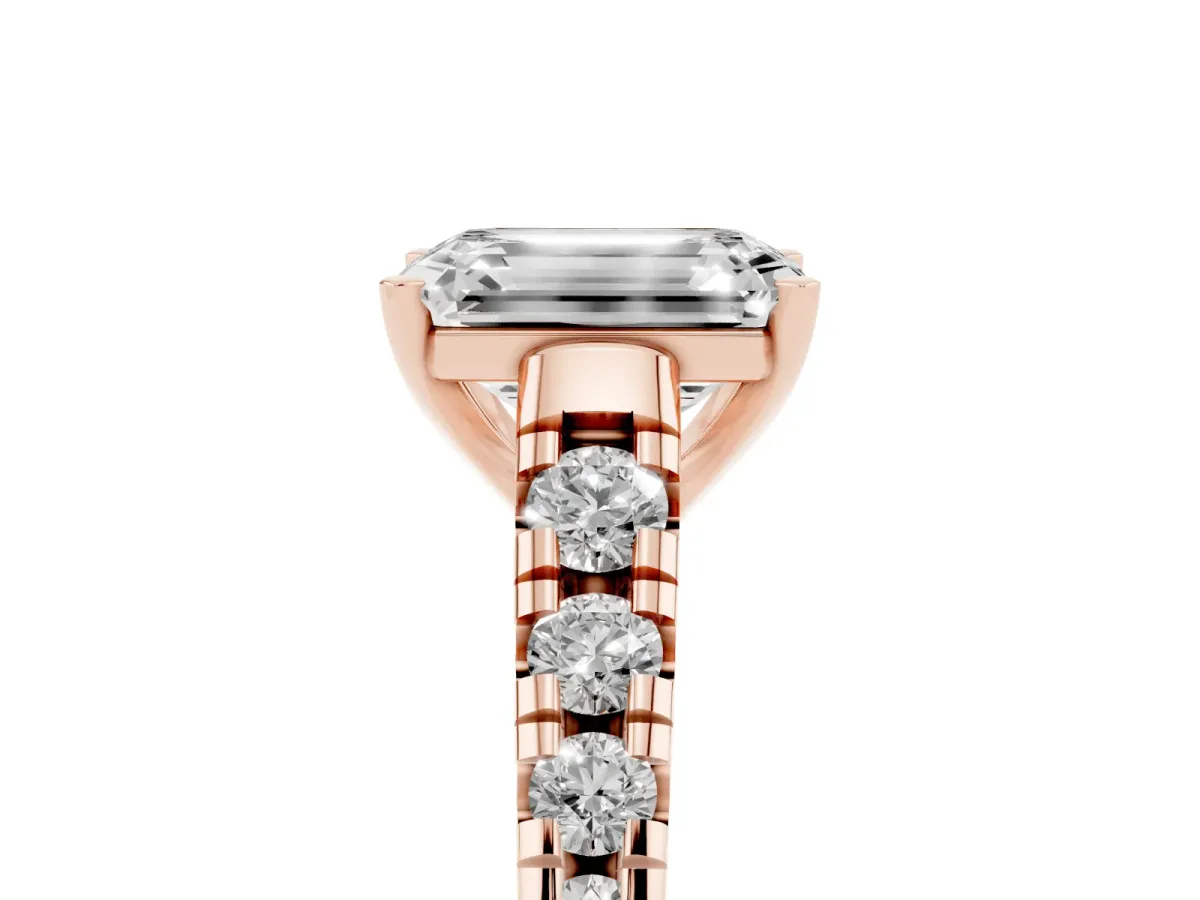 Emerald Cut Diamond Cathedral Solitaire Ring with Round Pavé Band Rose gold
