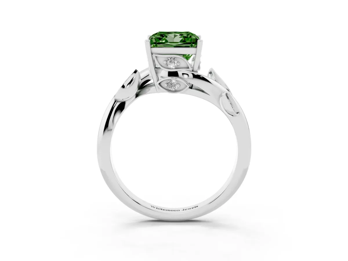 Fancy Green Princess Cut Solitaire Twist Engagement Ring with Leaf Accents and Prong Setting Silver