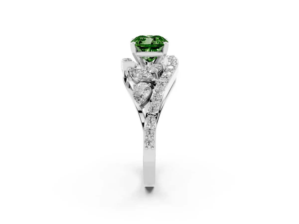 Fancy Green Cushion Cut Diamond Halo Ring with Marquise and Pavé Band in Prong Setting Silver