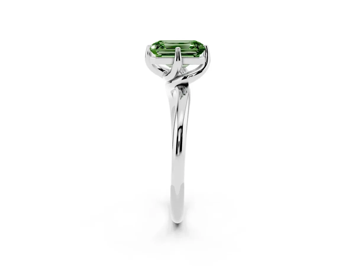 Fancy Green Emerald Cut Diamond Solitaire Engagement Ring with Four-Prong Setting and Classic Band Platinum