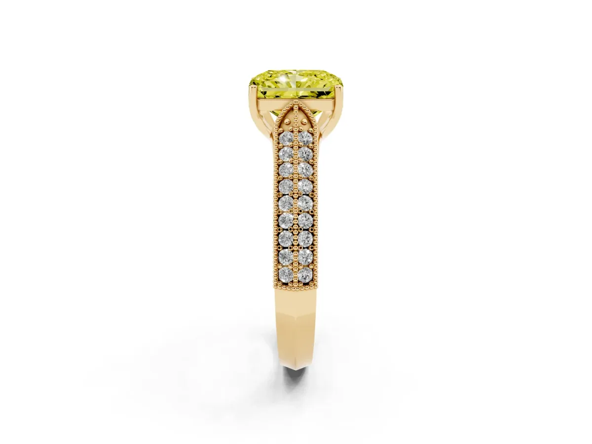 Fancy Yellow Radiant Cut Cut Pave Split Shank Engagement Ring with Four-Prong Setting Yellow gold