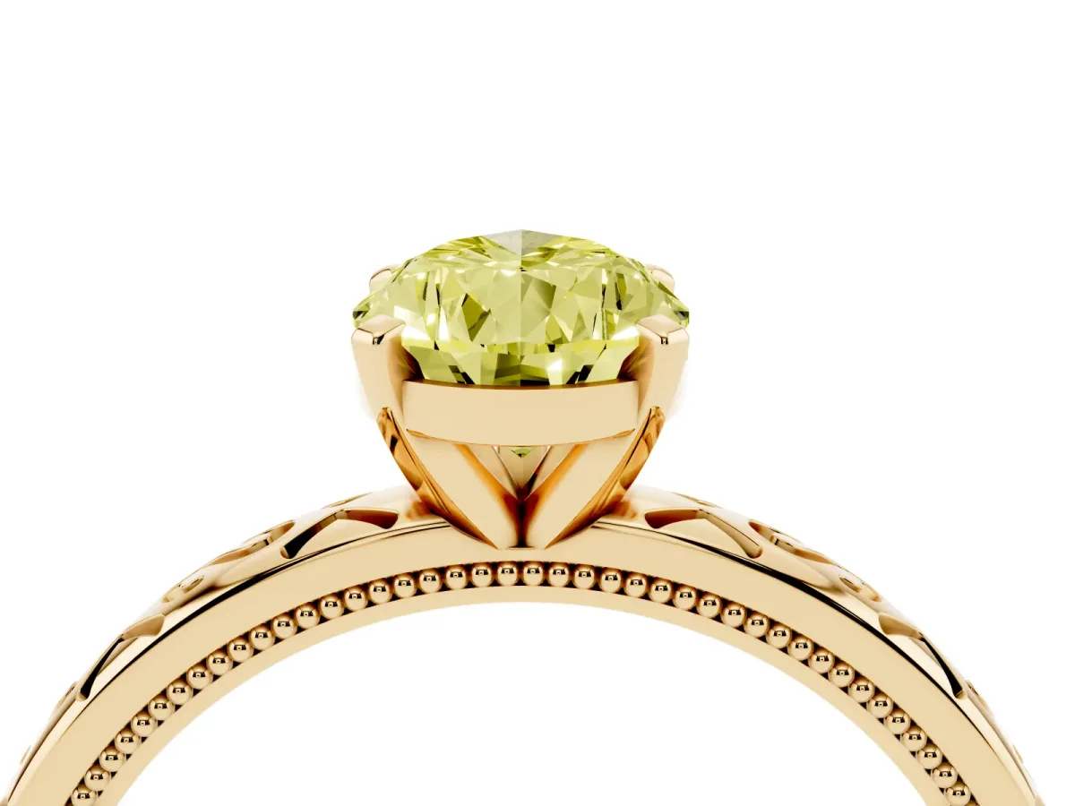 Fancy Yellow Pear Cut Solitaire Engagement Ring with Scrollwork Band and Four-Prong Setting Yellow gold