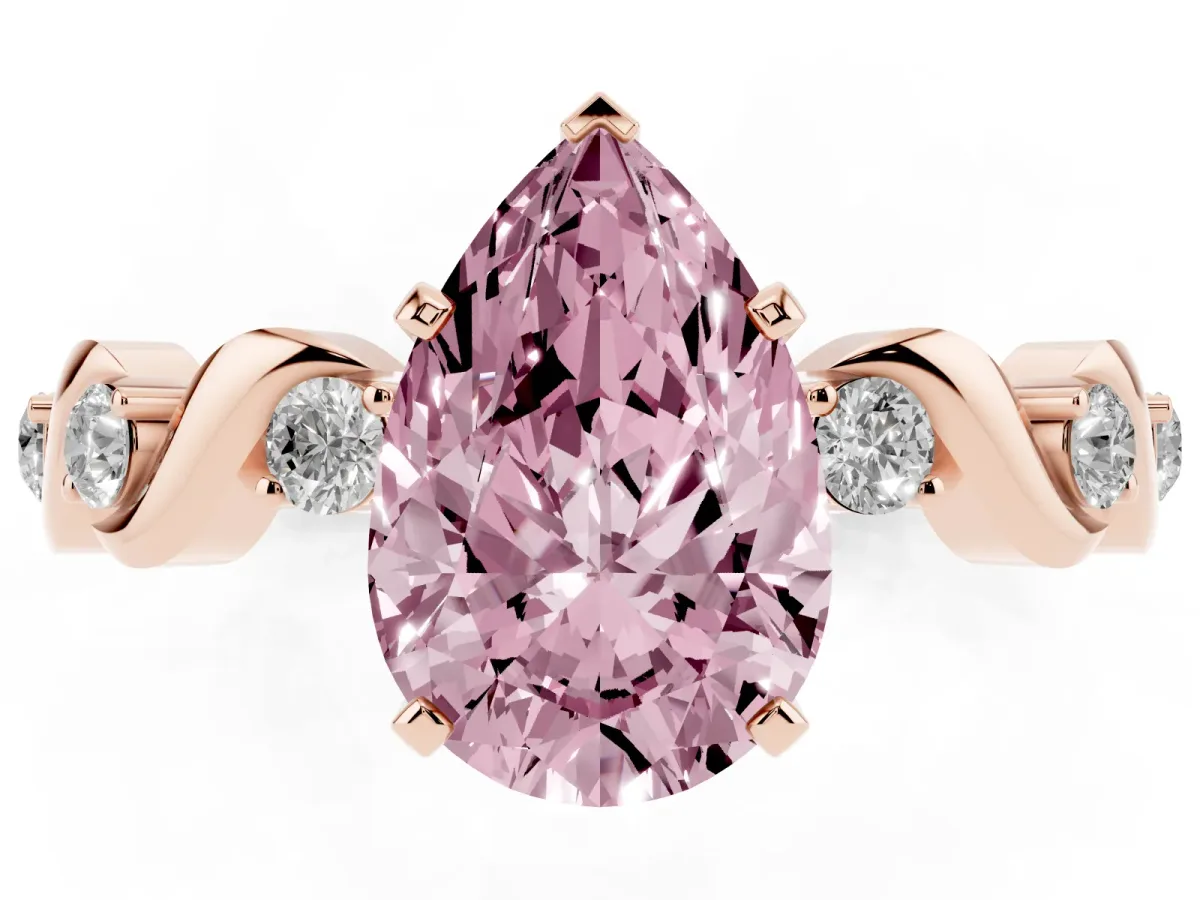 Fancy Pink Pear Cut Diamond Solitaire Twisted Band with Round Accents and Prong Setting Rose gold