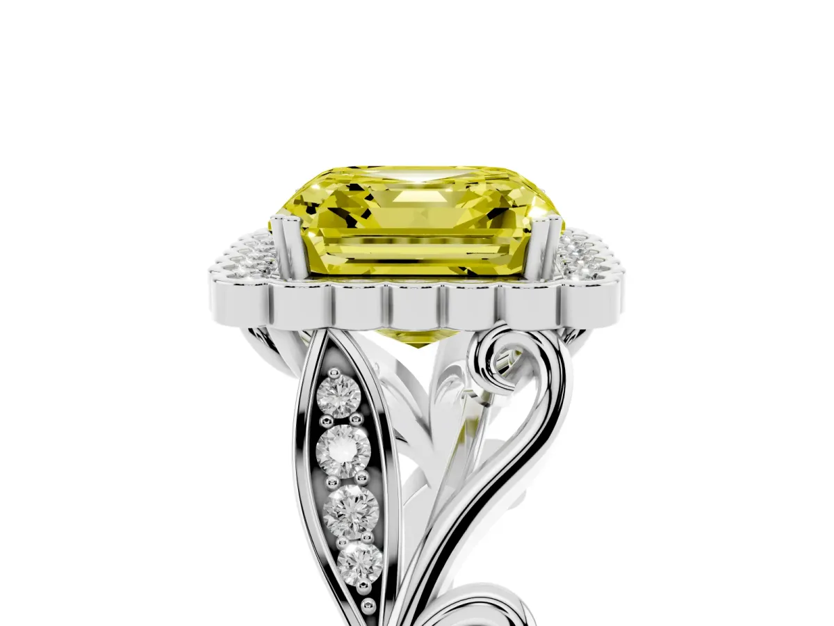 Fancy Yellow Asscher Cut Diamond Halo Ring with Vintage Split Shank and Four-Prong Setting Silver