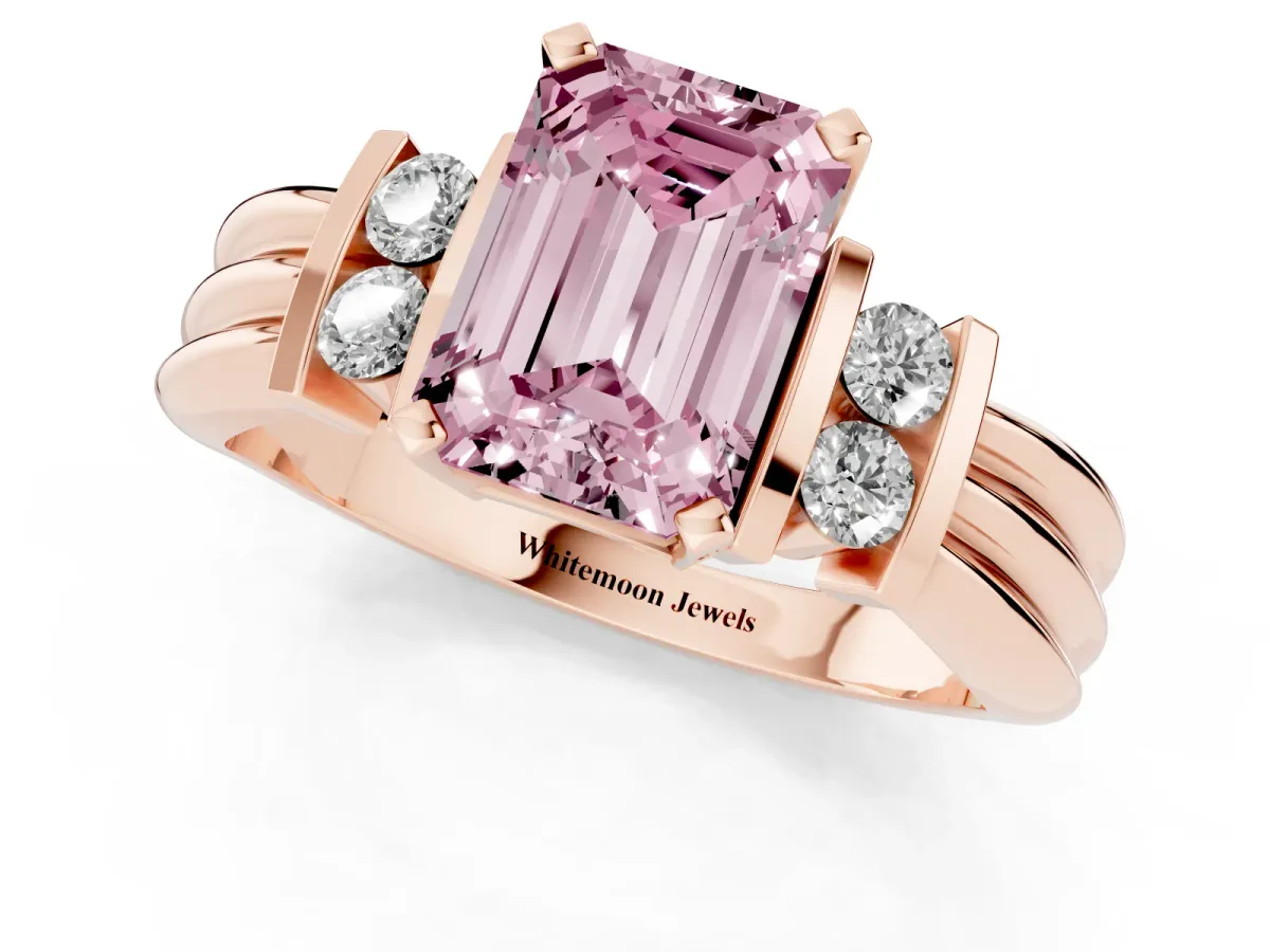 Fancy Pink Emerald Cut Cut Three-Stone Channel Set Ring with Bar Prongs Rose gold