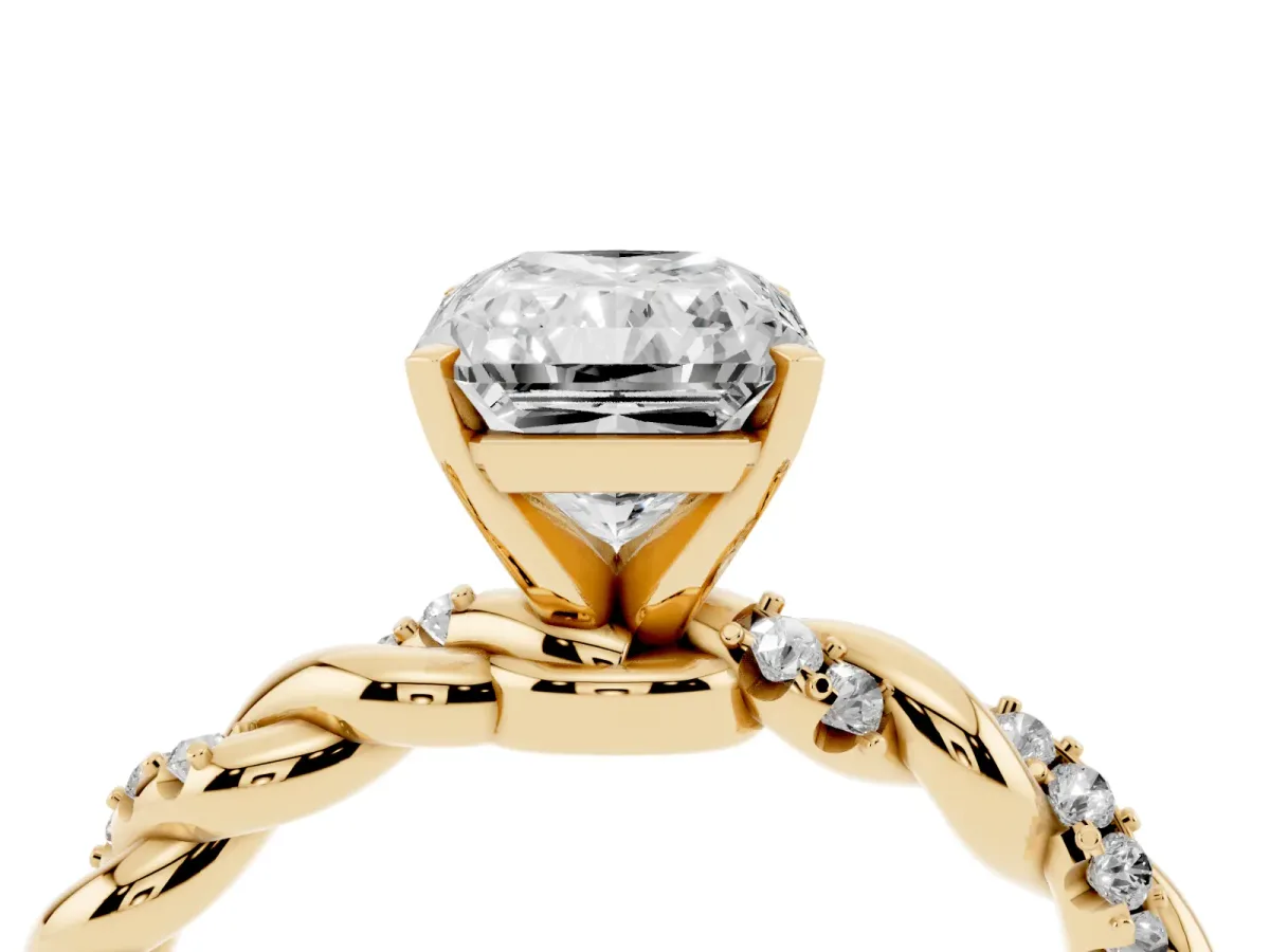 Radiant Cut Diamond Solitaire Ring with Twisted Band and Pavé Accents Yellow gold