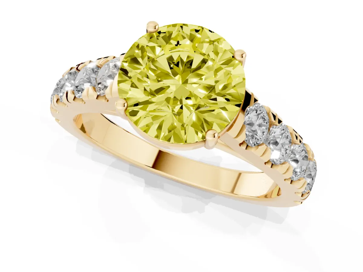 Fancy Yellow Round Cut Cut Diamond Solitaire Ring with Micro Pave Band and Prong Setting Yellow gold