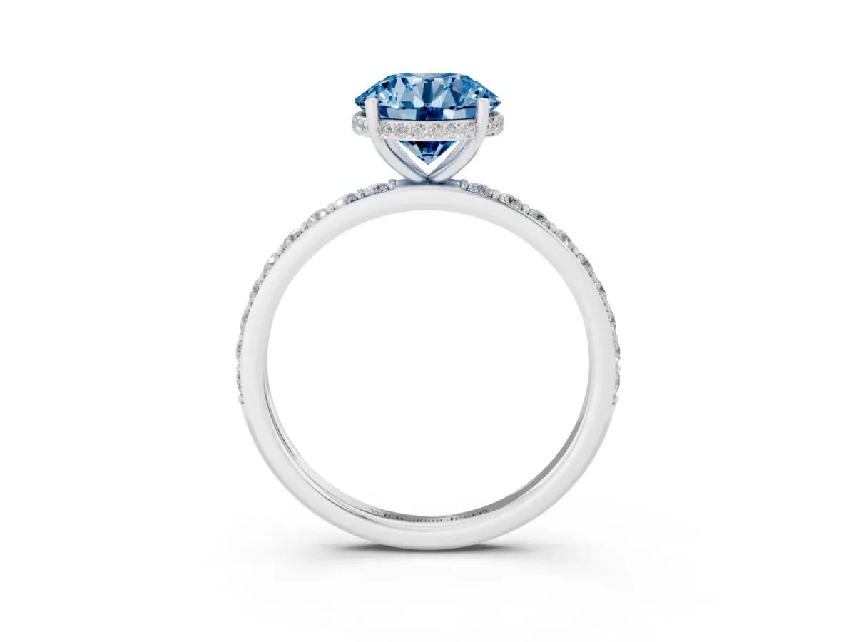 Fancy Blue Round Cut Diamond Solitaire Ring with Pavé Band and Hidden Halo Silver