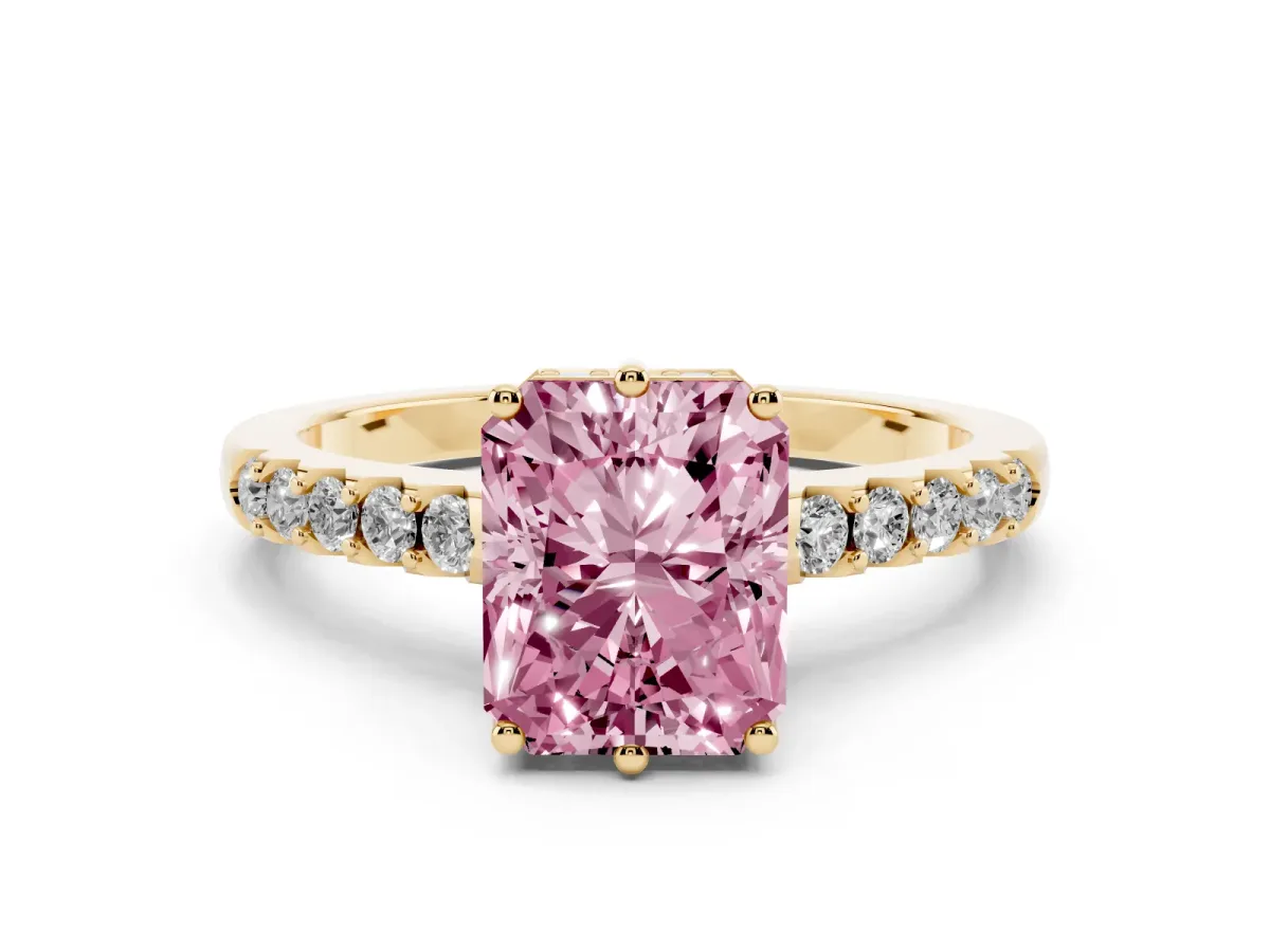 Fancy Pink Radiant Cut Solitaire Diamond Engagement Ring with Pavé Band and Six-Prong Setting Yellow gold