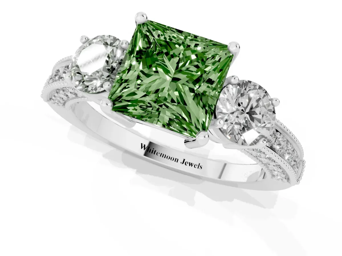 Fancy Green Princess Cut Three-Stone Diamond Ring with Pavé Band and Four-Prong Setting Silver