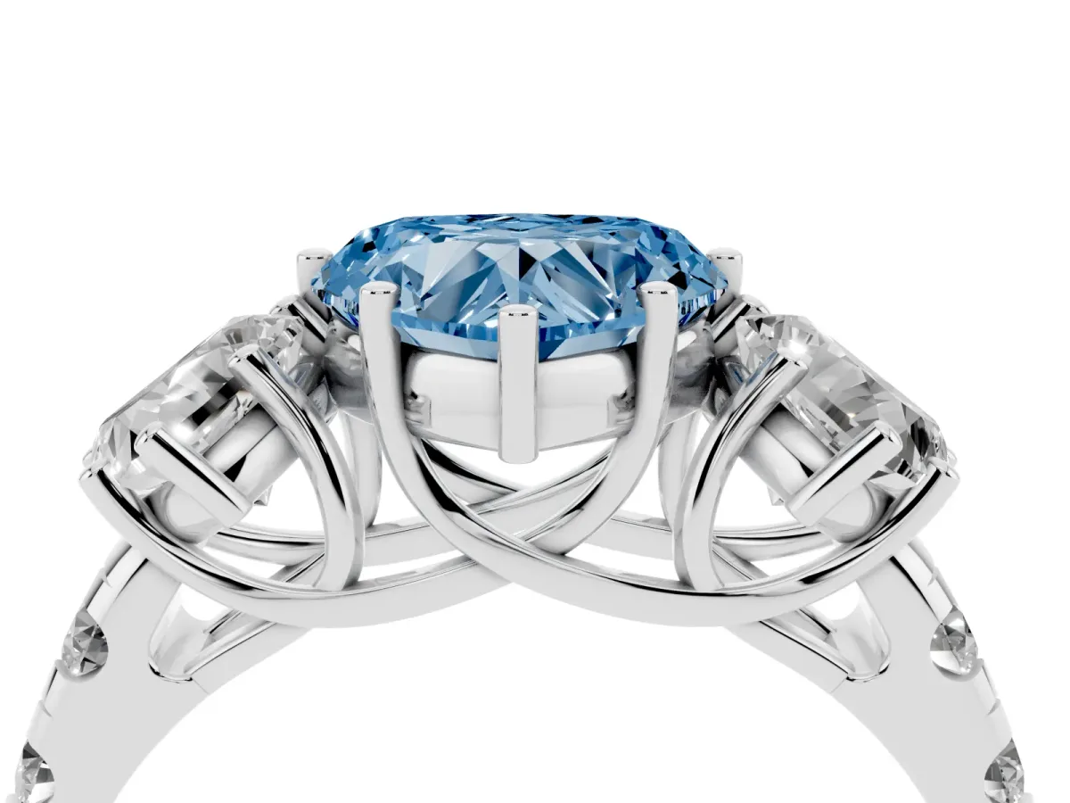 Fancy Blue Three-Stone Heart Cut Diamond Pavé Band with Prong Setting Silver