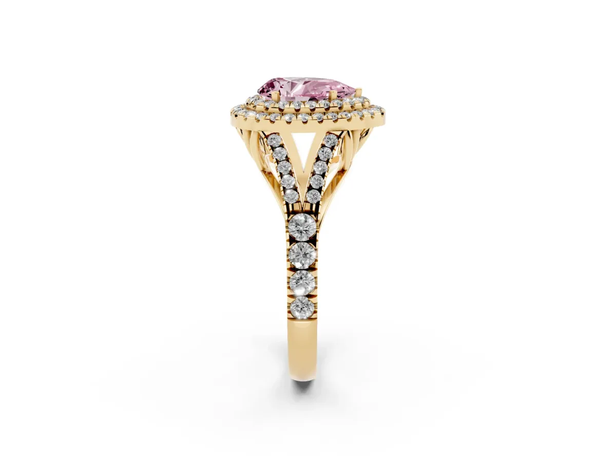 Fancy Pink Pear Cut Cut Double Halo Split Shank Diamond Ring with Prong Setting Yellow gold