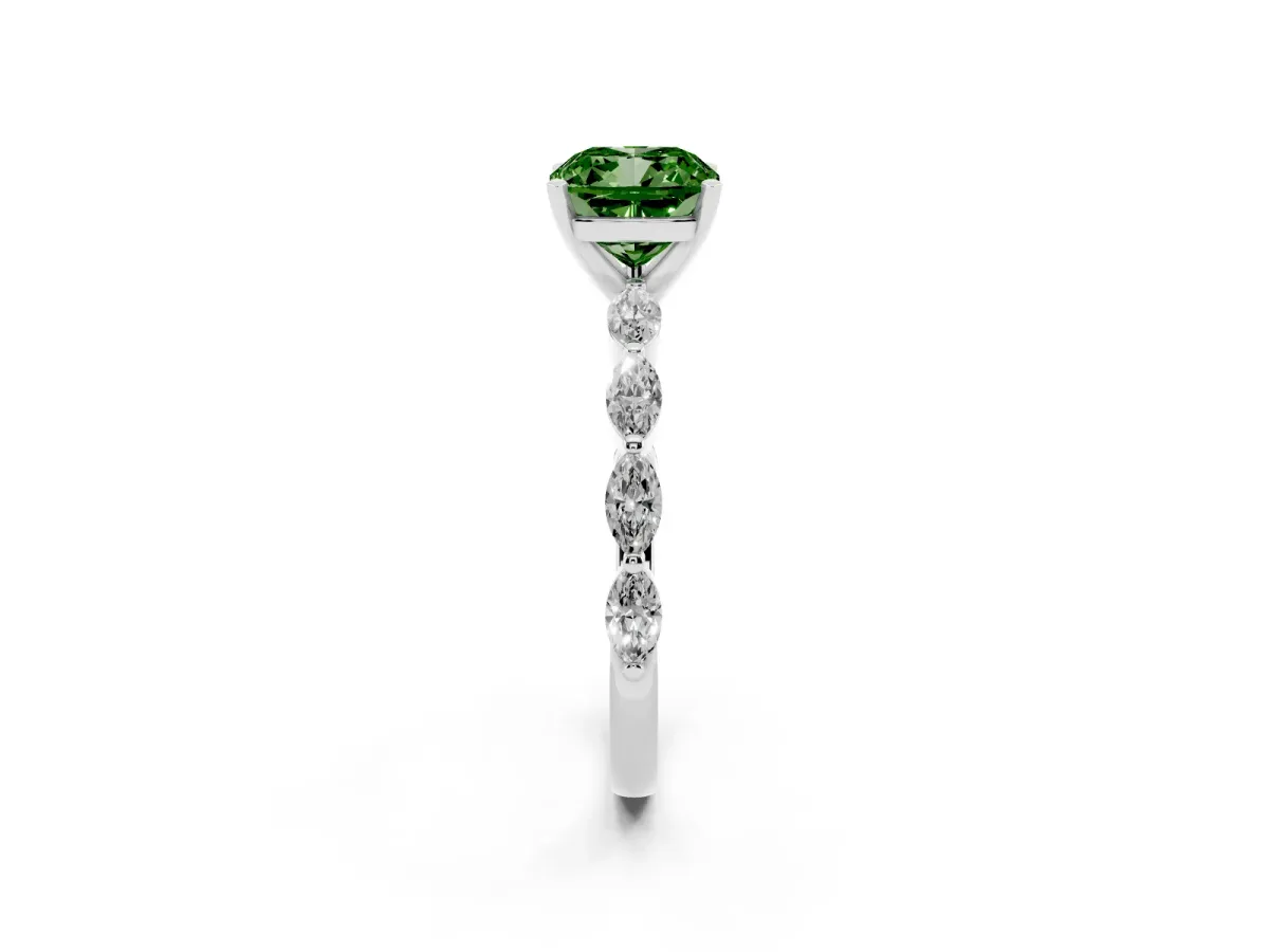 Fancy Green Cushion Cut Diamond Ring with Marquise Side Stones and Prong Setting Platinum