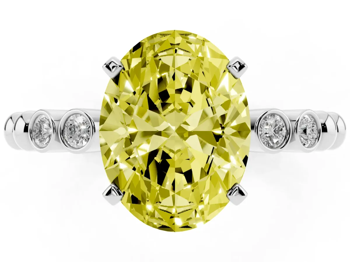 Fancy Yellow Oval Cut Solitaire Bezel Accent Diamond Engagement Ring with Beaded Band and Four-Prong Setting Silver