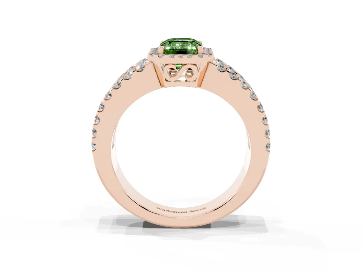 Fancy Green Emerald Cut Cut Halo Split Shank Diamond Ring with Four-Prong Setting Rose gold