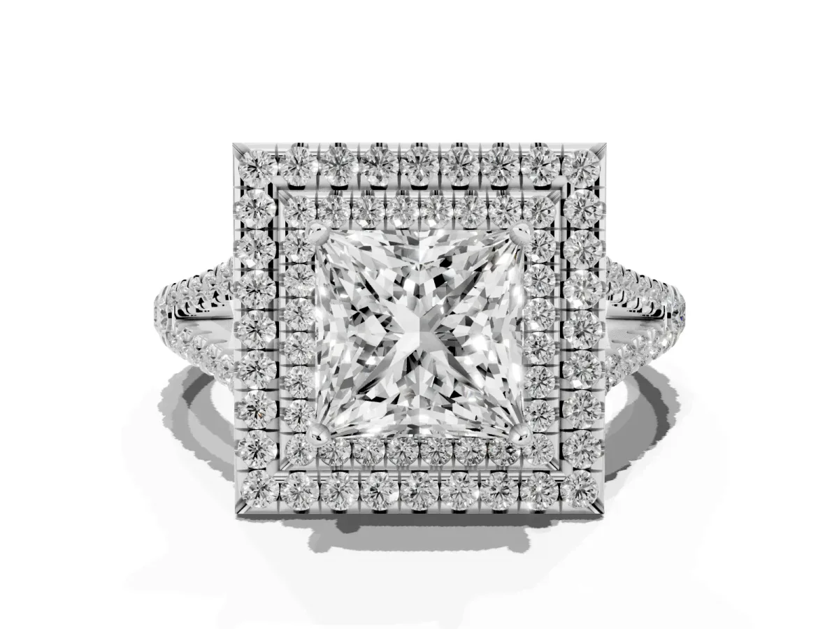 Princess Cut Diamond Double Halo Ring with Pavé Band and Prong Setting Silver