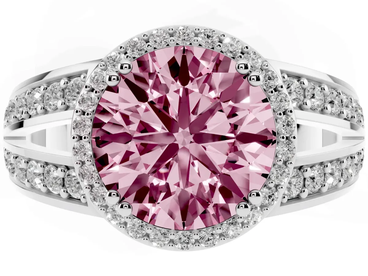 Fancy Pink Round Cut Diamond Halo Ring with Split Shank Pavé Band and Four-Prong Setting Platinum