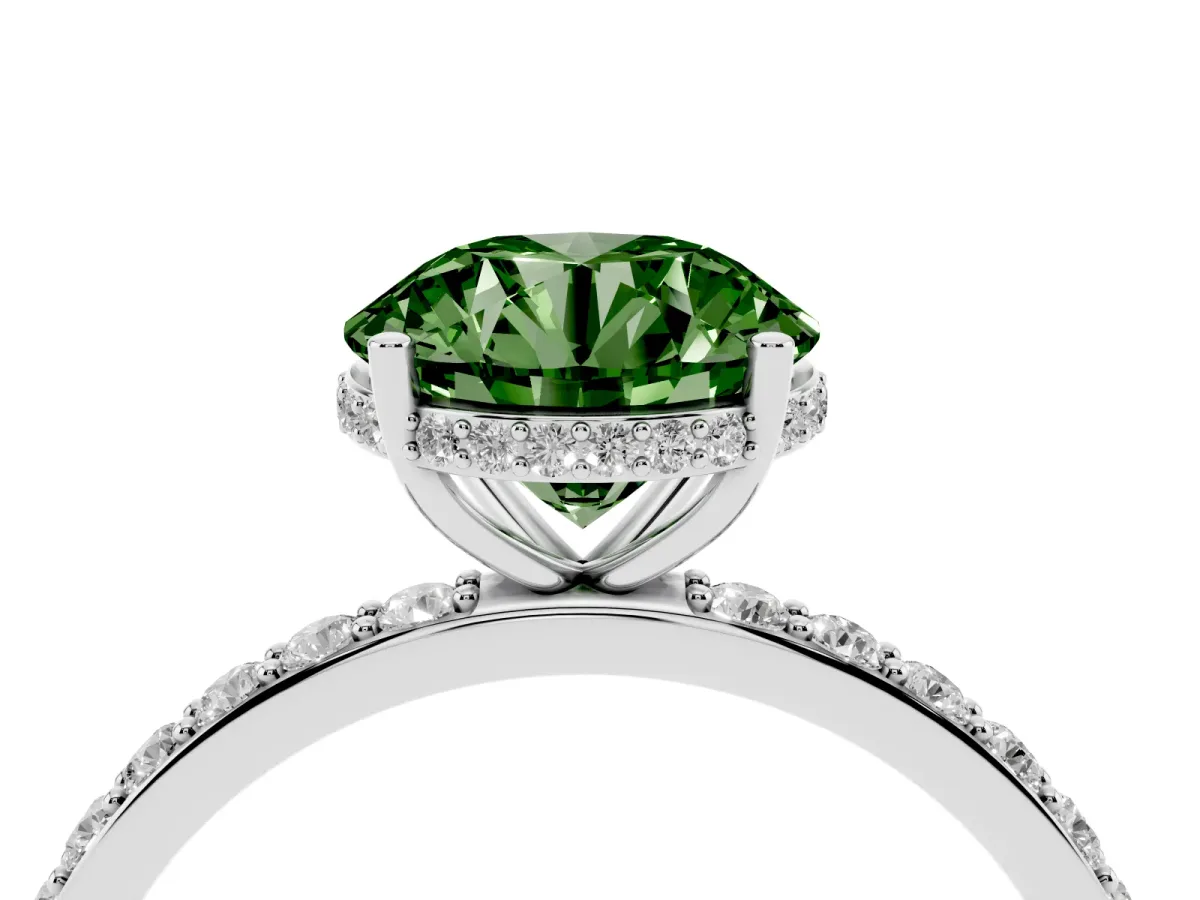 Fancy Green Round Cut Diamond Solitaire Ring with Pavé Band and Hidden Halo White gold