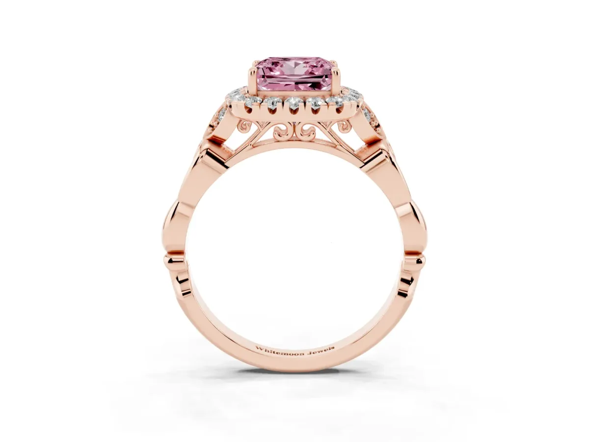 Fancy Pink Princess Cut Halo Diamond Engagement Ring with Vintage-Inspired Band and Four-Prong Setting Rose gold