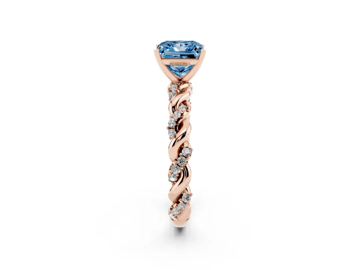 Fancy Blue Princess Cut Diamond Solitaire Ring with Twisted Band and Pavé Accents Rose gold