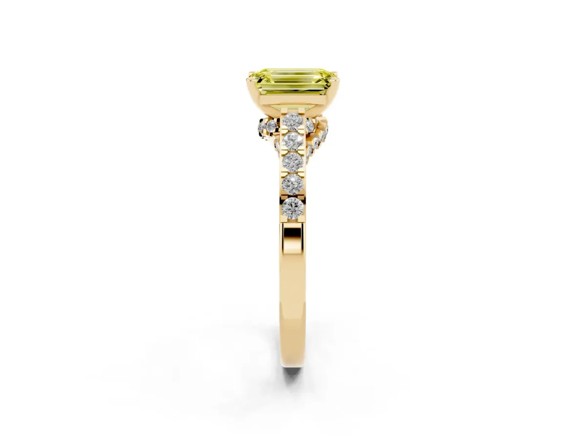 Fancy Yellow Emerald Cut Diamond Solitaire Ring with Crossover Gallery and Round Pavé Band Yellow gold