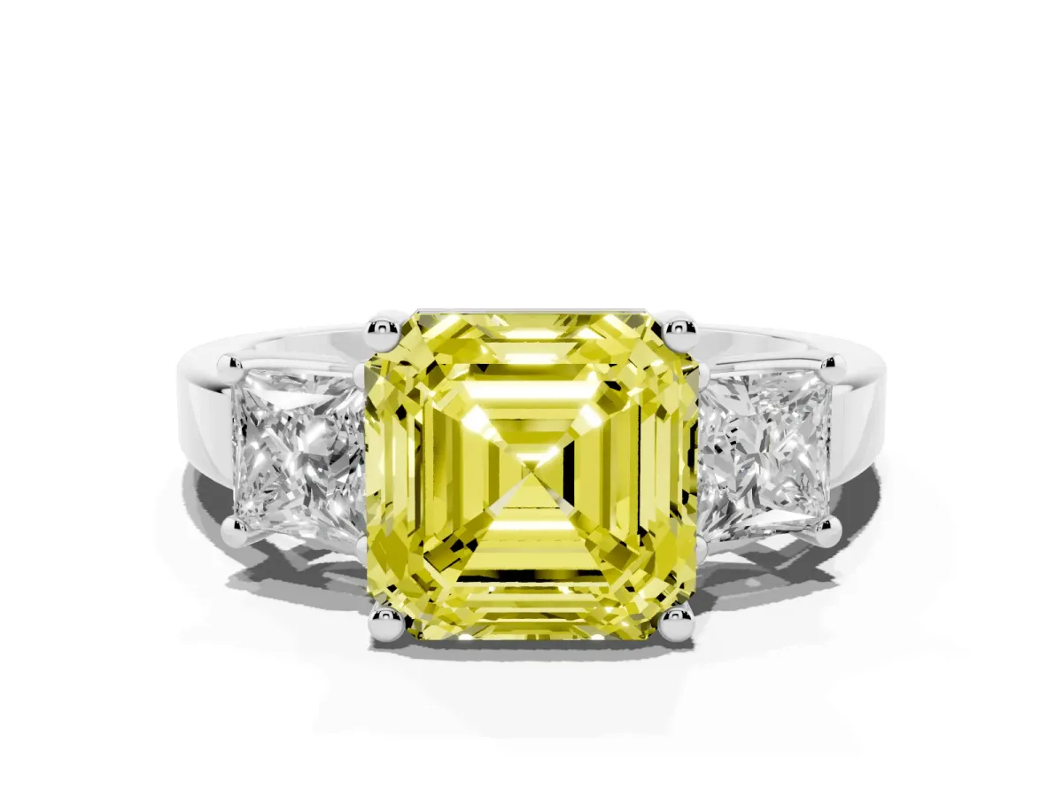 Fancy Yellow Three-Stone Asscher Cut Cut Solitaire Ring with Prong Setting Platinum