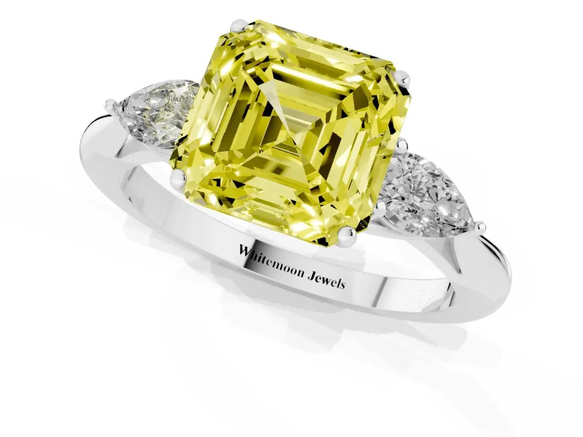 Fancy Yellow Asscher Cut Diamond Three-Stone Ring with Pear Side Stones and Prong Setting Silver