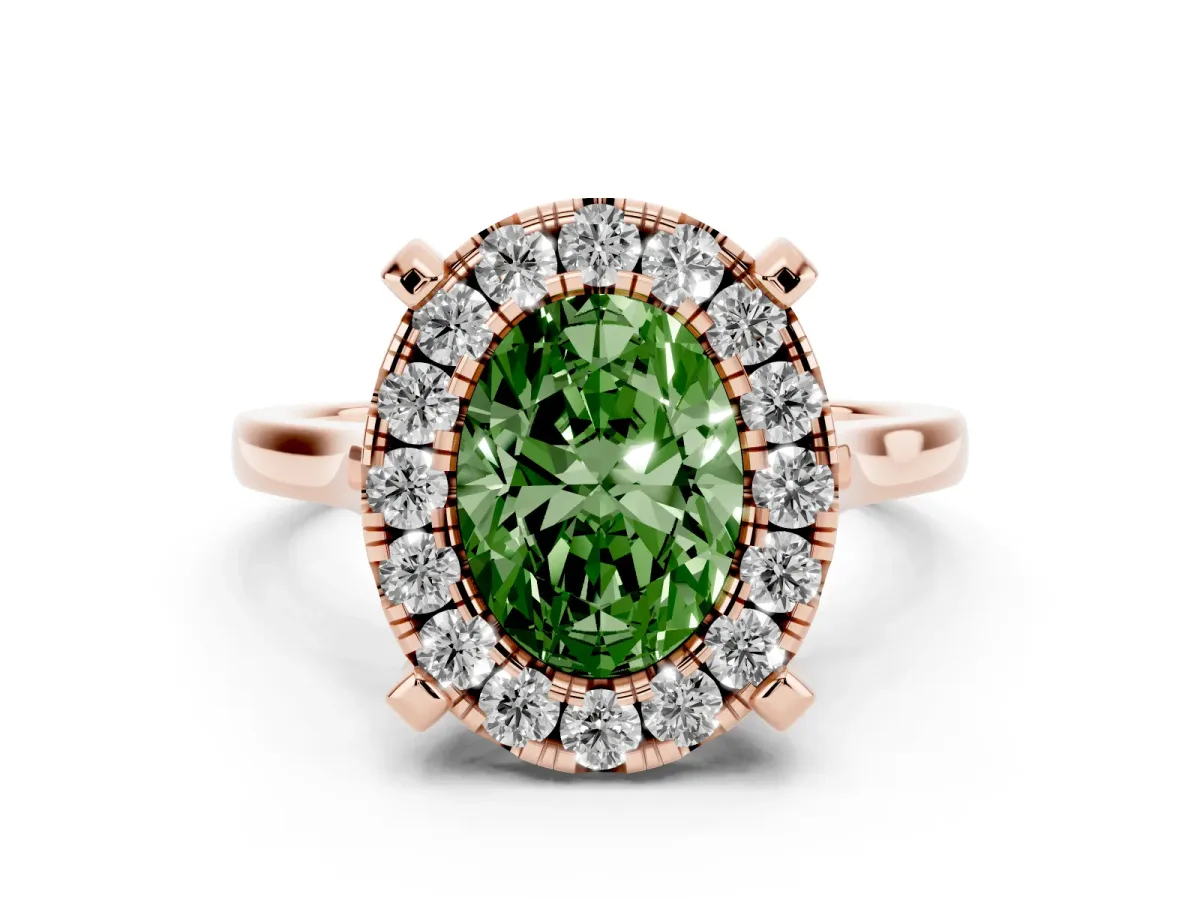 Fancy Green Oval Cut Diamond Cluster Halo Solitaire with Four-Prong Setting Rose gold