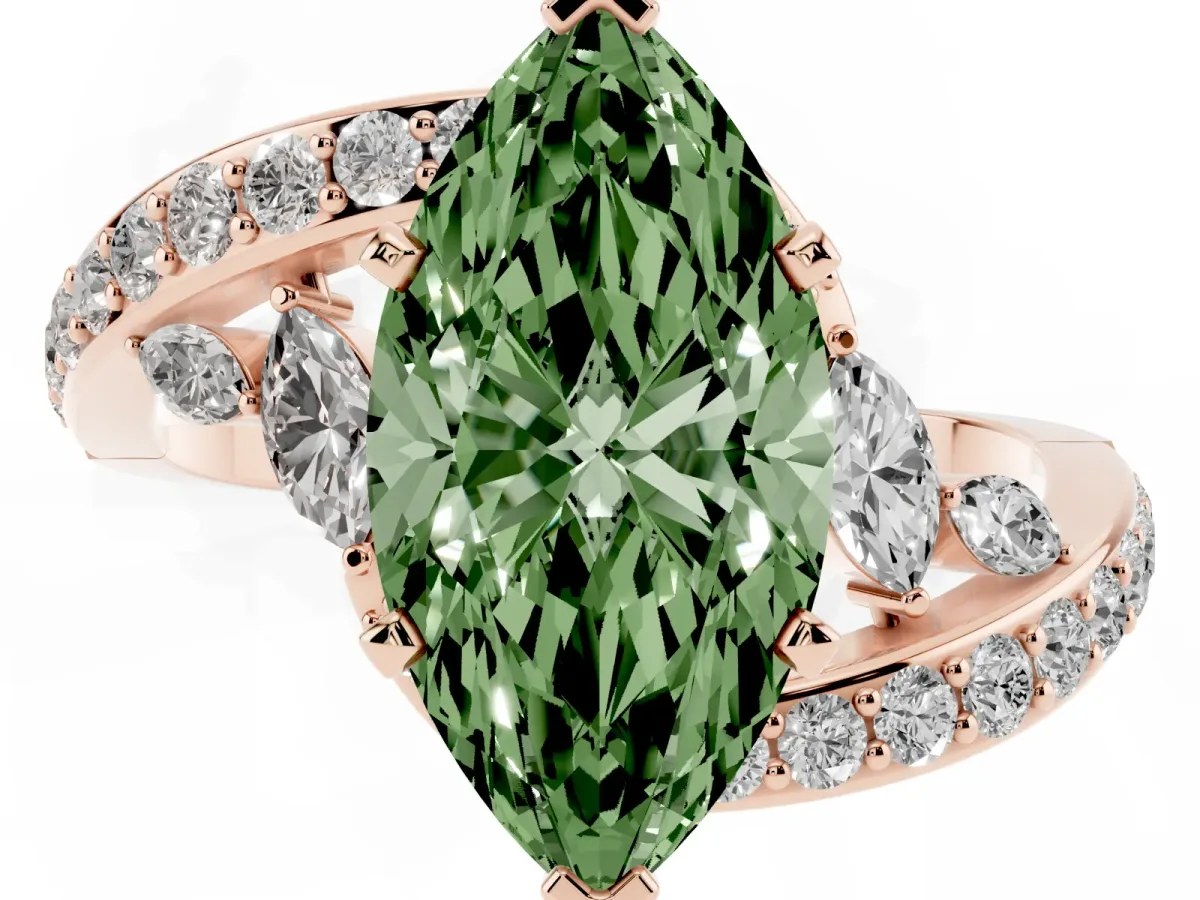 Fancy Green Marquise Cut Solitaire with Pavé Twist Band and Four-Prong Setting Rose gold