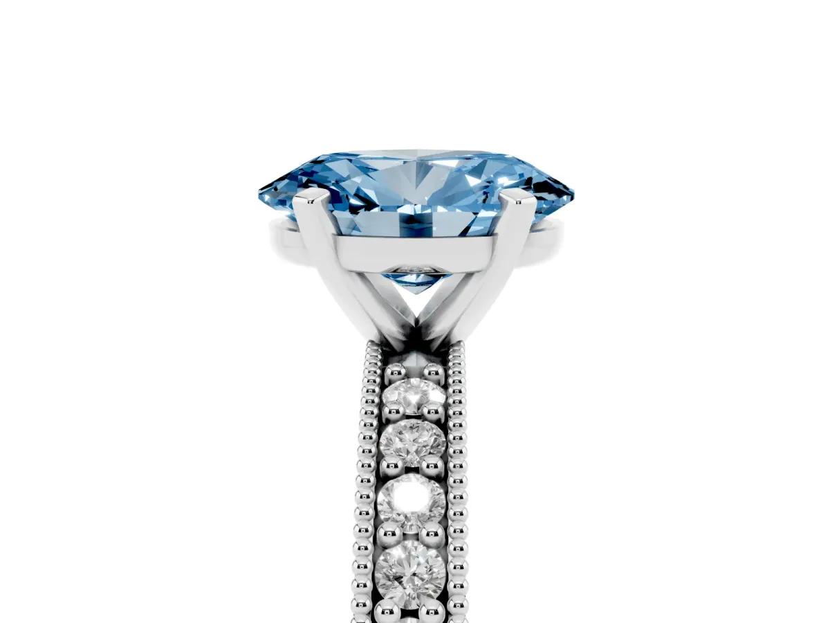 Fancy Blue Oval Cut Diamond Milgrain Pavé Engagement Ring with Four-Prong Setting Platinum