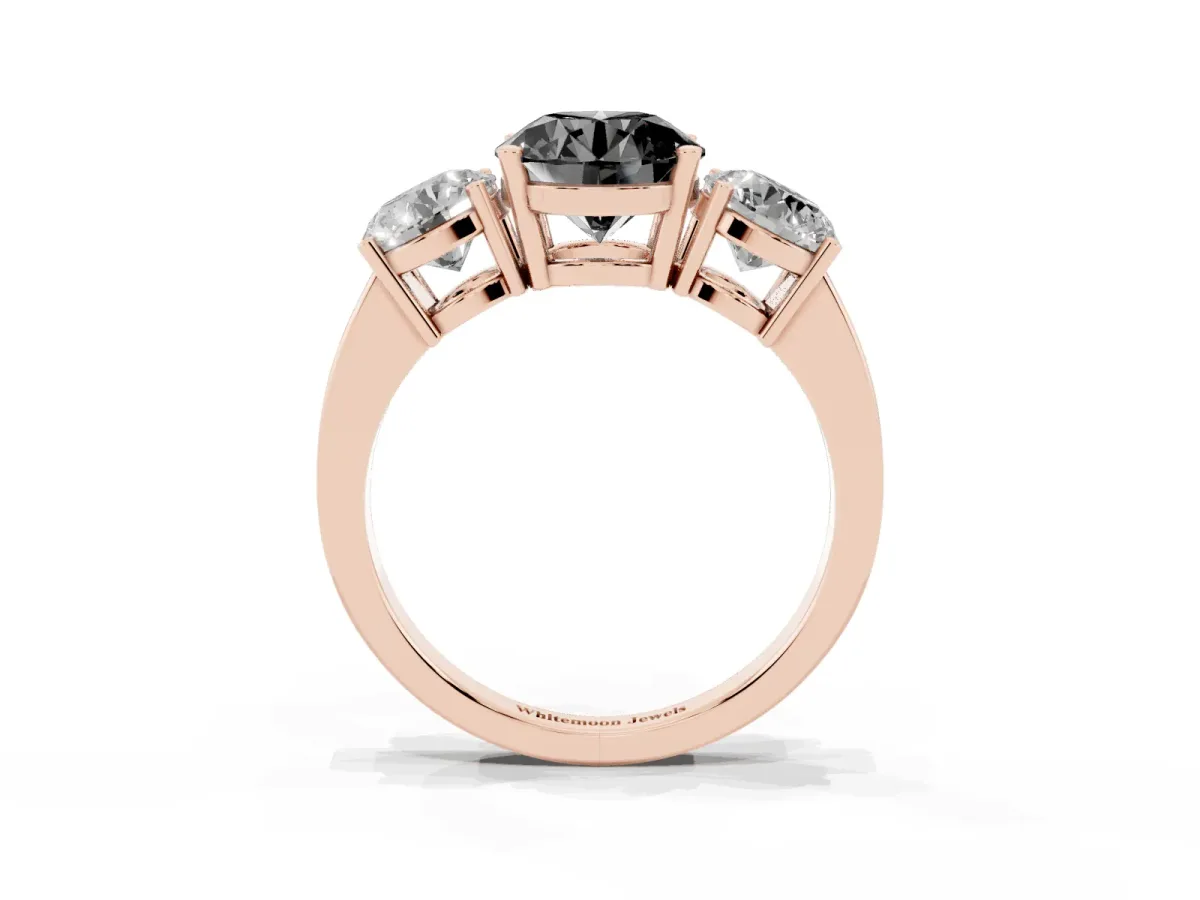Fancy Black Three-Stone Round Cut Cut Diamond Engagement Ring with Flat Band and Four-Prong Setting Rose gold