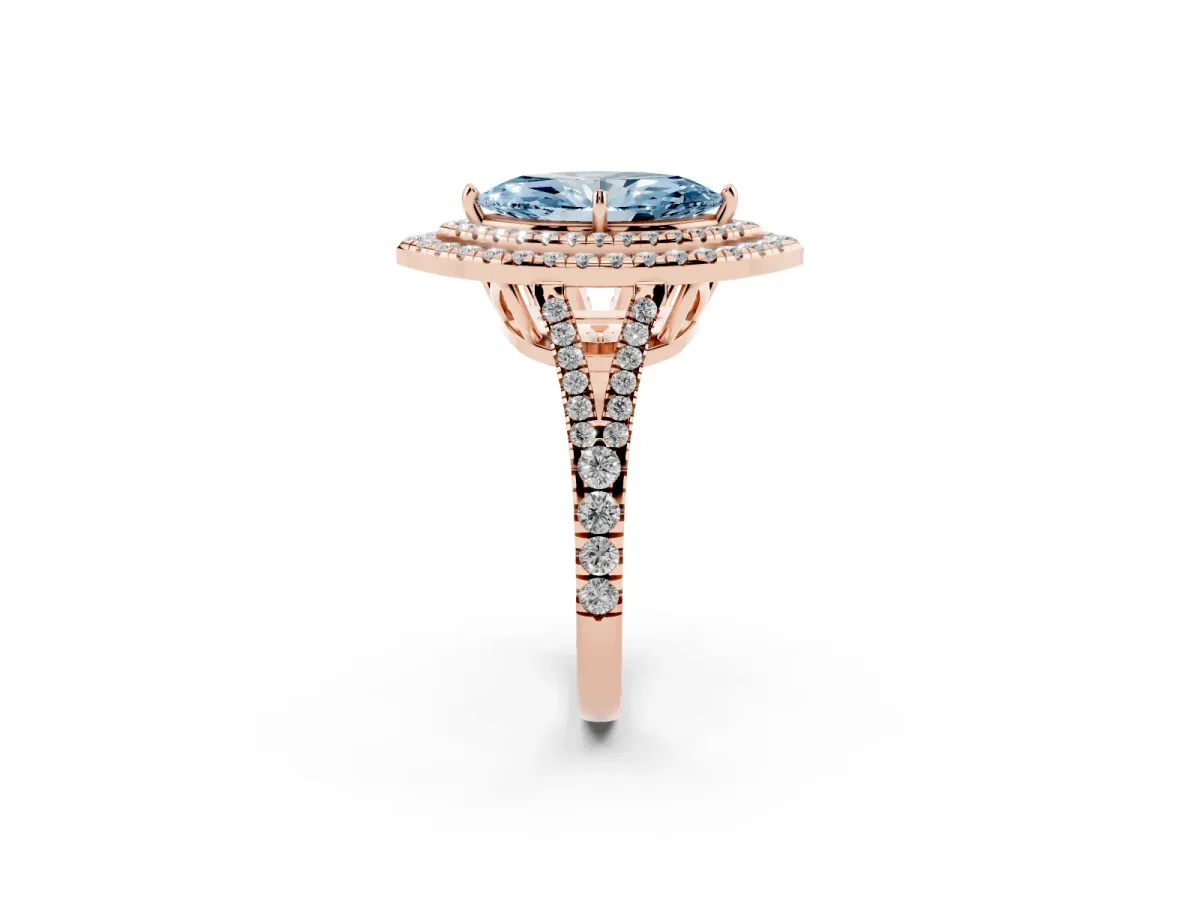 Fancy Blue Marquise Cut Diamond Double Halo Ring with Pavé Band and Prong Setting Rose gold