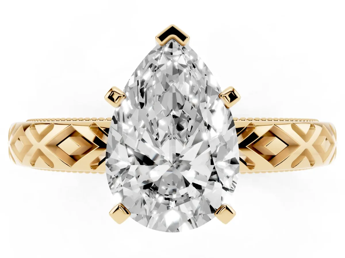 Pear Cut Solitaire Diamond Ring with Milgrain and Black Enamel X Pattern Band Yellow gold